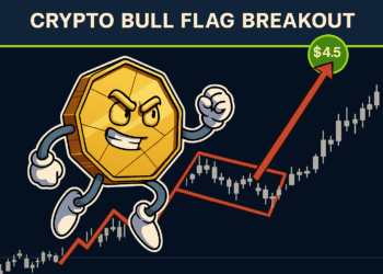 Cartoon coin springt bullish uit grafiekpatroon met groene targetlijn op $4,5T