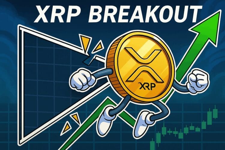 Karikatuur van XRP-munt die uit een driehoek breekt met stijgende groene pijl en koersgrafiek op de achtergrond.