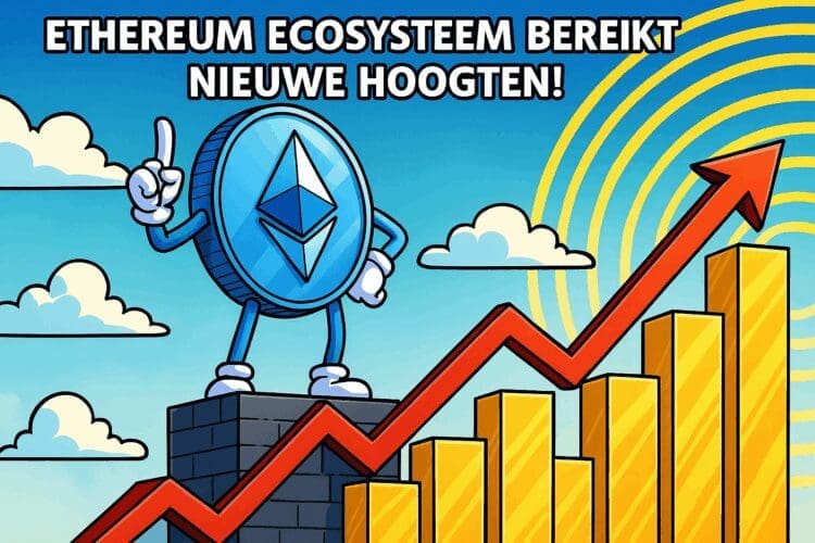 Cartoonachtige Ethereum-munt staat op een toren naast stijgende gouden balken en een rode pijl omhoog, onder een blauwe lucht met wolken.