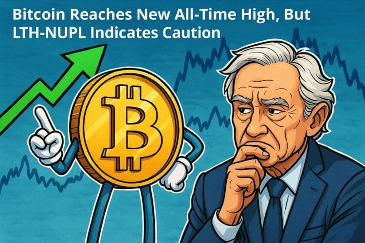 Karikatuur van een nadenkende investeerder naast een geanimeerde Bitcoin-munt met een opwaartse grafiek op de achtergrond, illustrerend dat ondanks de stijgende prijs het marktsentiment voorzichtig blijft.