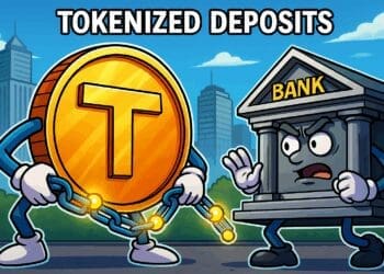 Cartoon van een gouden token met blockchainketens tegenover een bezorgde bank, symbool voor de opkomst van tokenized deposits in de financiële sector.