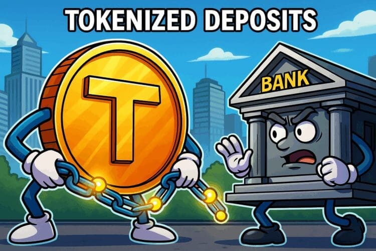 Cartoon van een gouden token met blockchainketens tegenover een bezorgde bank, symbool voor de opkomst van tokenized deposits in de financiële sector.