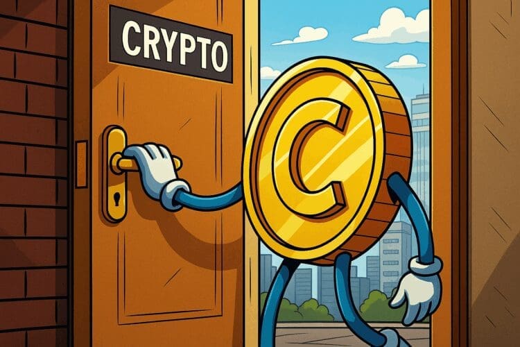 Cartoon van een gouden cryptomunt die een deur opent met het woord "CRYPTO", terwijl een moderne stad op de achtergrond zichtbaar is.