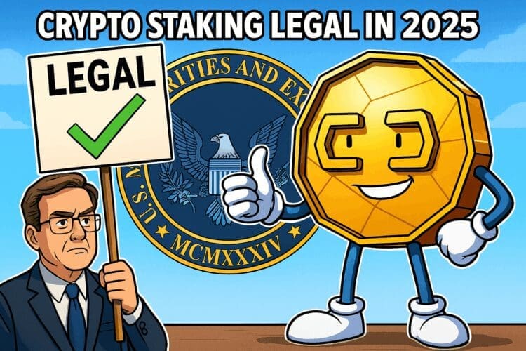 Cartoon van een lachende crypto-munt met een duim omhoog naast een SEC-official met een bord waarop 'LEGAL' staat. De achtergrond toont het logo van de Amerikaanse SEC.