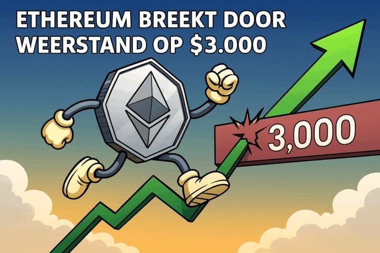 Cartoon van Ethereum die door de $3.000 weerstand springt op een groene pijl in Cointelegraph-stijl.