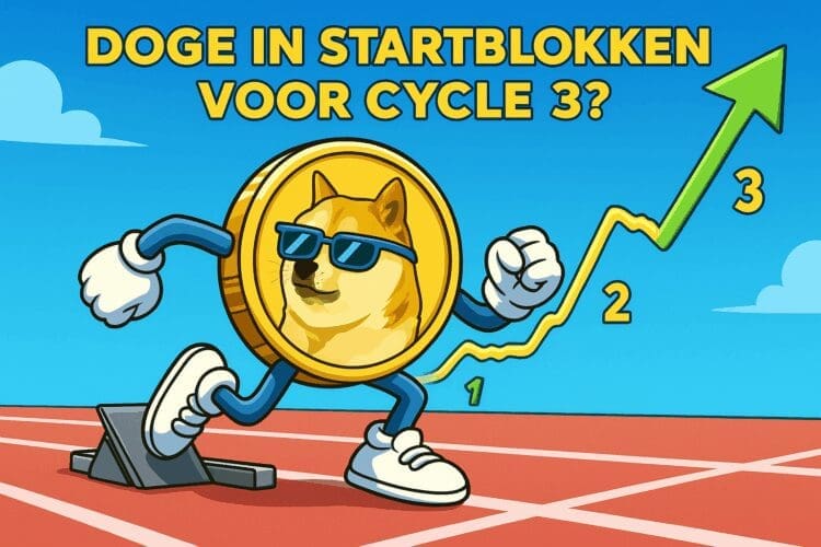 Cartoon van een Dogecoin-munt als atleet in startpositie op een atletiekbaan, met een stijgende prijsgrafiek op de achtergrond gemarkeerd als Cycle 1, 2 en 3, met een groene pijl omhoog.