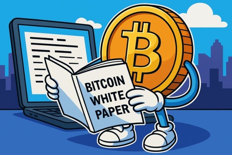 Een cartoonfiguur in de vorm van een Bitcoin leest aandachtig de Bitcoin Whitepaper met een laptop op de achtergrond, in een crypto karikatuurstijl.
