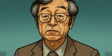 Digitale illustratie van een oudere Aziatische man met bril en grijs pak, vaak afgebeeld als Satoshi Nakamoto, tegen een neutrale achtergrond