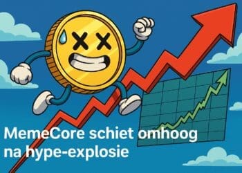 Cartoon van een vrolijke MemeCore-munt die langs een stijgende rode pijl omhoog vliegt, met op de achtergrond een groene koersgrafiek en blauwe lucht.