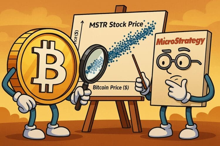 Cartoon van Bitcoin en MicroStrategy als karakters die een koersgrafiek bekijken met een vergrootglas en een pointer, als symbool voor hun koersrelatie.