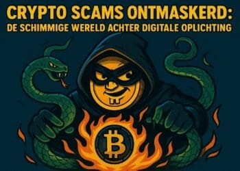 Landschapillustratie crypto-karikatuurstijl met de titel “Crypto scams ontmaskerd: De schimmige wereld achter digitale oplichting” bovenaan. Een gemaskerde Bitcoin-munt als boosaardige figuur, omringd door een kronkelende groene slang en vurige vlammen, symboliseert de verraderlijke praktijken van digitale oplichting.