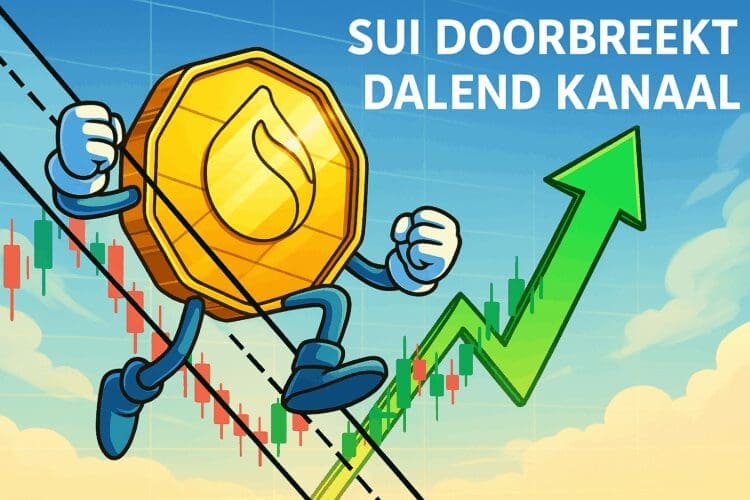 Cartoon van een gouden SUI-munt die een dalend trendkanaal doorbreekt met een groene stijgende pijl en achtergrond van kaarsgrafiek.