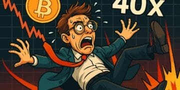 Karikatuur van een geschrokken crypto-trader die achterover valt terwijl een Bitcoin-grafiek ineenstort met de markering '40x', symbool voor zijn enorme hefboomverlies.