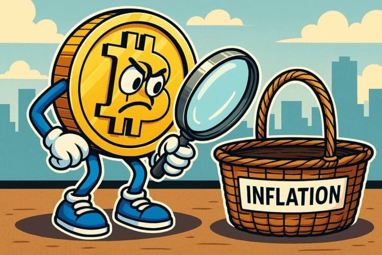 Cartoon van een boze Bitcoin die met een vergrootglas in een lege inflatiemand kijkt, in Cointelegraph-stijl.
