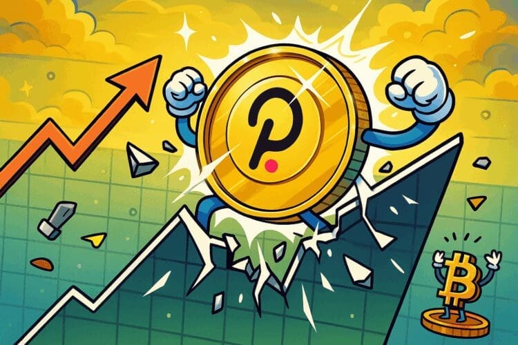 Cartoonstijl crypto-afbeelding waarin een gouden Polkadot-munt met armen door een neerwaartse wiggrafiek breekt, omgeven door stijgende marktelementen en een juichende Bitcoin.