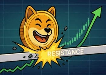 Cartoon van een lachende Bonk-munt (Shiba Inu) die met kracht door een ‘resistance’-lijn breekt, met stijgende groene koersgrafiek en bullish kaarsen op de achtergrond.