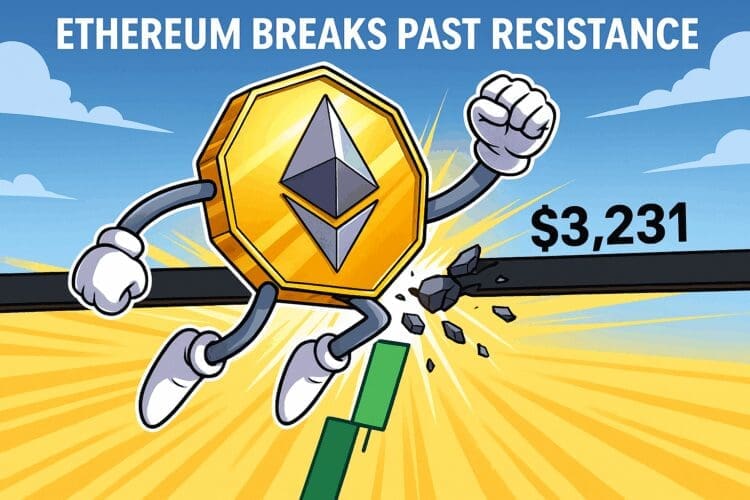 Karikatuur van Ethereum-munt die weerstandslijn van $3.231 doorbreekt met vuist, met candlestick en zonnestralen op achtergrond