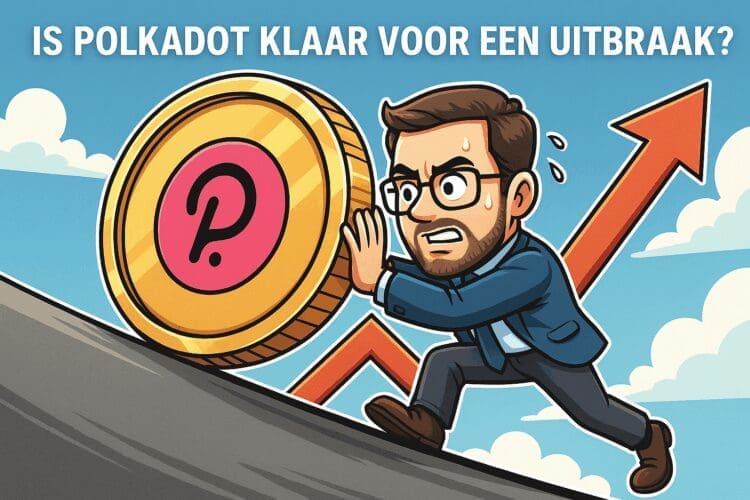 Cartoon van een man die een grote gouden Polkadot-munt een heuvel op duwt, met een stijgende rode pijl op de achtergrond die koersgroei symboliseert.