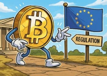 Cartoonachtige Bitcoin-munt met benen en armen wijst naar een EU-vlag en een bord met 'Regulation' erop, als symbool voor de invoering van nieuwe Europese cryptowetgeving.
