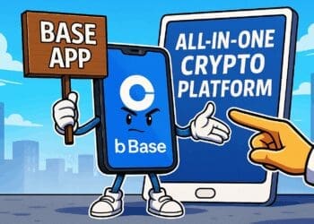 Cartoon van een smartphone met het Base App-logo die handenschudt met een gouden munt met het Coinbase-logo, symbool voor samenwerking in het crypto-ecosysteem
