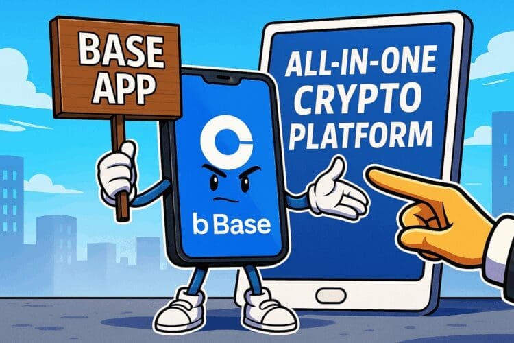 Cartoon van een smartphone met het Base App-logo die handenschudt met een gouden munt met het Coinbase-logo, symbool voor samenwerking in het crypto-ecosysteem