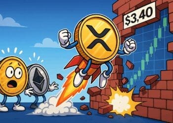 Cartoonachtige crypto-afbeelding van XRP als munt met raket die door de $3,40 ATH-barrière breekt, met stijgende grafieken en verbaasde BTC en ETH munten op de achtergrond.