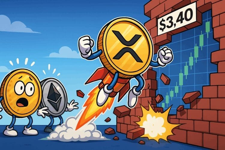 Cartoonachtige crypto-afbeelding van XRP als munt met raket die door de $3,40 ATH-barrière breekt, met stijgende grafieken en verbaasde BTC en ETH munten op de achtergrond.