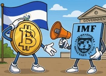 Cartoon van Bitcoin en het IMF in El Salvador, waarbij Bitcoin verbaasd kijkt terwijl het IMF streng een megafoon gebruikt voor een regeringsgebouw.