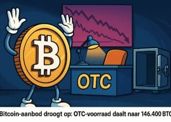 Cartoon van een Bitcoin-personage voor een lege OTC-desk met dalende grafiek en open kluis, symboliserend schaarste in aanbod.