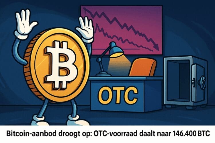 Cartoon van een Bitcoin-personage voor een lege OTC-desk met dalende grafiek en open kluis, symboliserend schaarste in aanbod.