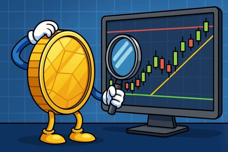 Cartoon van een goudkleurige muntfiguur die met een vergrootglas een stijgende crypto grafiek analyseert op een computerscherm.