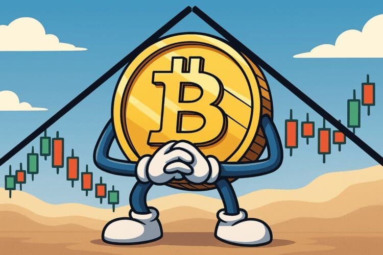 Cartoon van een grote Bitcoin-munt tussen twee trendlijnen in een driehoek, met candlestick-grafiek op de achtergrond en een gespannen houding.