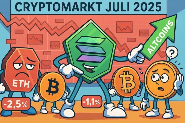 Cartoonstijl illustratie van de cryptomarkt in juli 2025, met Solana als stijgende altcoin naast een dalende Ethereum en verbaasde Bitcoin-karakters op een rode beursachtergrond.