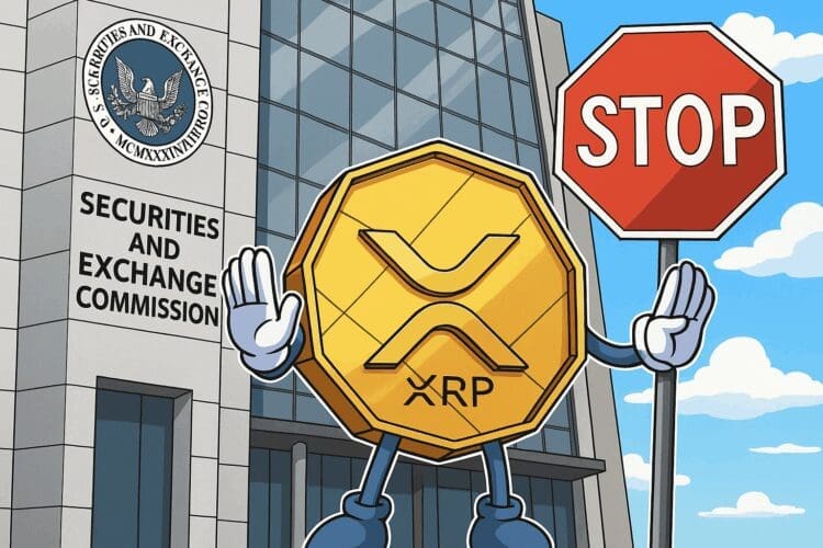 Cartoon van een gouden XRP-munt met handen omhoog voor een SEC-gebouw, naast een stopbord, als symbool voor de tijdelijke opschorting van de ETF-goedkeuring.