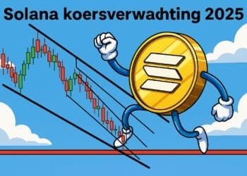 Karikatuur van Solana-munt die uitbreekt uit een falling wedge patroon op een grafiek met koersdoel $230.