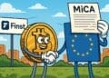 Cartoonillustratie van een lachende Bitcoin die de hand schudt met een EU-personage dat een MiCA-document vasthoudt, met het Finst-logo zichtbaar op de achtergrond.