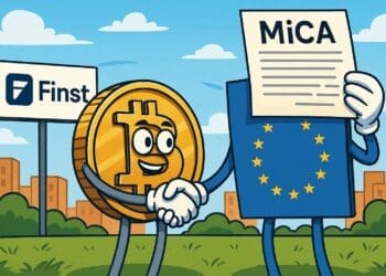 Cartoonillustratie van een lachende Bitcoin die de hand schudt met een EU-personage dat een MiCA-document vasthoudt, met het Finst-logo zichtbaar op de achtergrond.