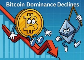 Illustratie van een bezorgde Bitcoin-munt die van een rode pijl naar beneden glijdt, terwijl Ethereum met een touw omhoog klimt, symbool voor een dalende dominantie en altcoin-stijging.