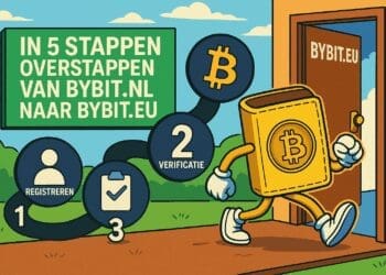 Cartoon van een gele wallet die via een stappenpad van registratie en verificatie overstapt naar Bybit.eu, met grote borden en Bitcoin-symbolen.
