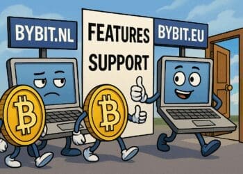 Cartoon van laptops Bybit.nl en Bybit.eu met Bitcoin-munten, waarbij Bybit.eu blij naar de deur loopt langs een bord met ‘features’ en ‘support’.