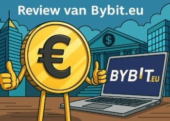 Cartoon van een euro-munt met duimen omhoog naast een laptop met het Bybit.eu-logo, tegen een achtergrond van financiële gebouwen.