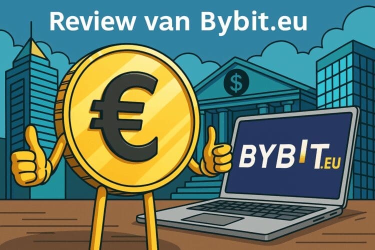 Cartoon van een euro-munt met duimen omhoog naast een laptop met het Bybit.eu-logo, tegen een achtergrond van financiële gebouwen.