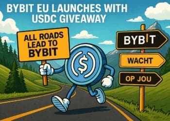Cartoonachtige USDC-munt loopt over bergweg met bord "All Roads Lead to Bybit", naast richtingwijzer met “Bybit wacht op jou” in een Europees landschap