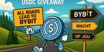 Cartoonachtige USDC-munt loopt over bergweg met bord "All Roads Lead to Bybit", naast richtingwijzer met “Bybit wacht op jou” in een Europees landschap