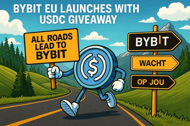 Cartoonachtige USDC-munt loopt over bergweg met bord "All Roads Lead to Bybit", naast richtingwijzer met “Bybit wacht op jou” in een Europees landschap