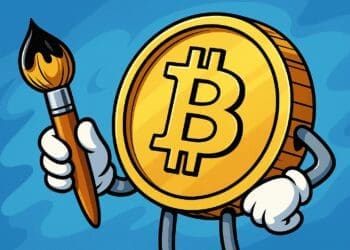 Cartoonachtige illustratie van een goudkleurige Bitcoin-munt met witte handschoenen die een penseel vasthoudt, tegen een blauwe lucht met abstracte wolken