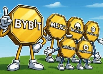 Cartoonachtige cryptomunten die de exchanges Bybit, MEXC, Kraken, Coinbase en Crypto.com voorstellen, poserend in een groene omgeving onder een blauwe lucht.