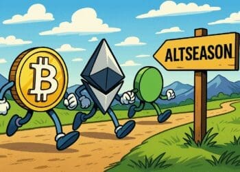 Cartoon van Bitcoin, Ethereum en een altcoin als stripfiguren die samen over een pad richting een bord met 'Altseason' wandelen in een kleurrijk landschap.