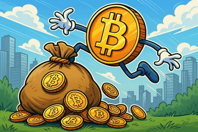 Cartoon Bitcoin springt op een grote zak met munten als metafoor voor lump sum investeren in crypto