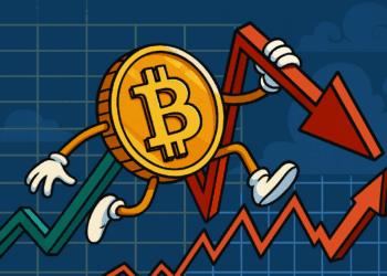 Cartoon Bitcoin karakter beweegt zich tussen groene en rode koerspijlen in een grafiek, als metafoor voor actief handelen tijdens schommelende crypto-markten.